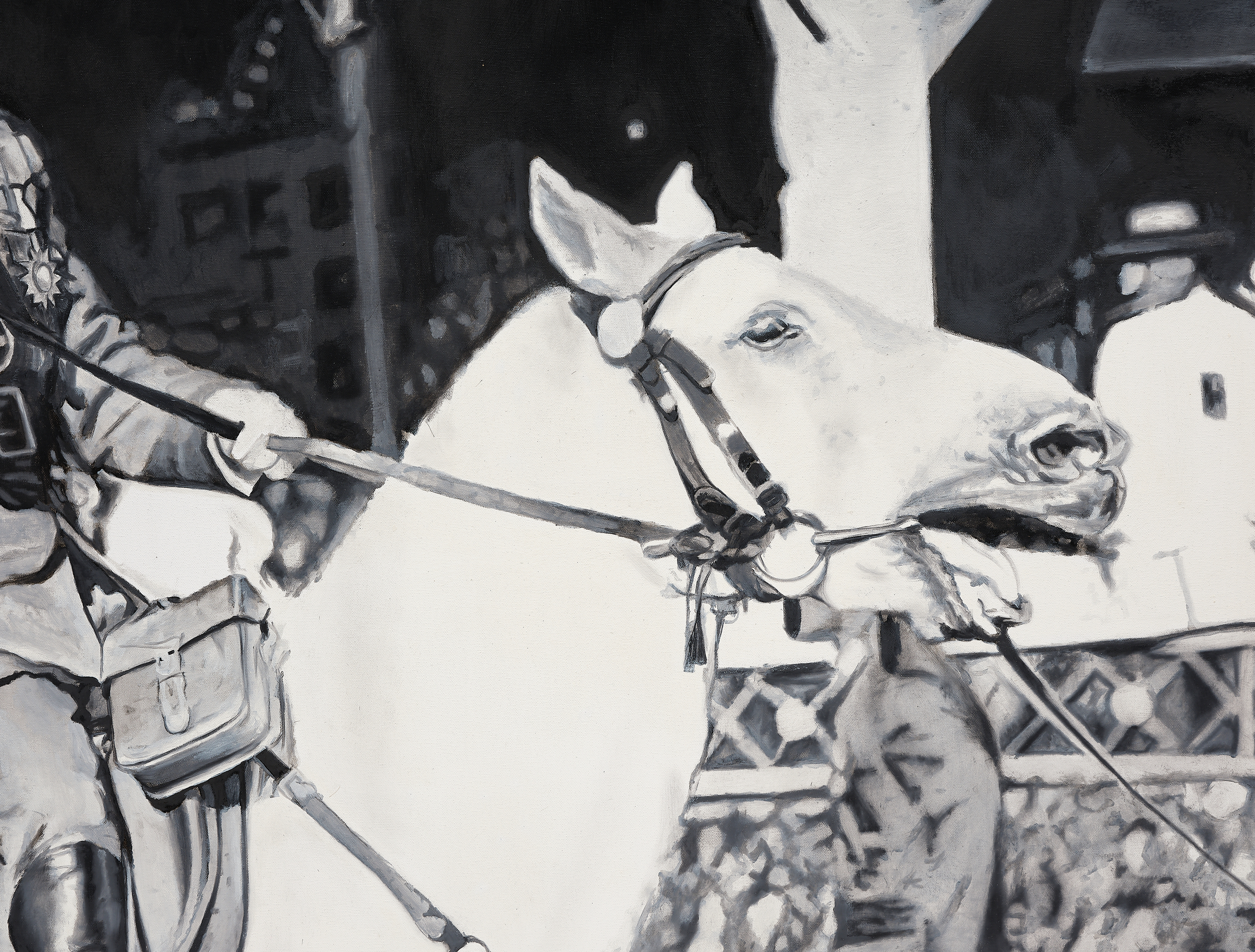 A detail of a white horse in Christine Tien Wang's "The Loser"