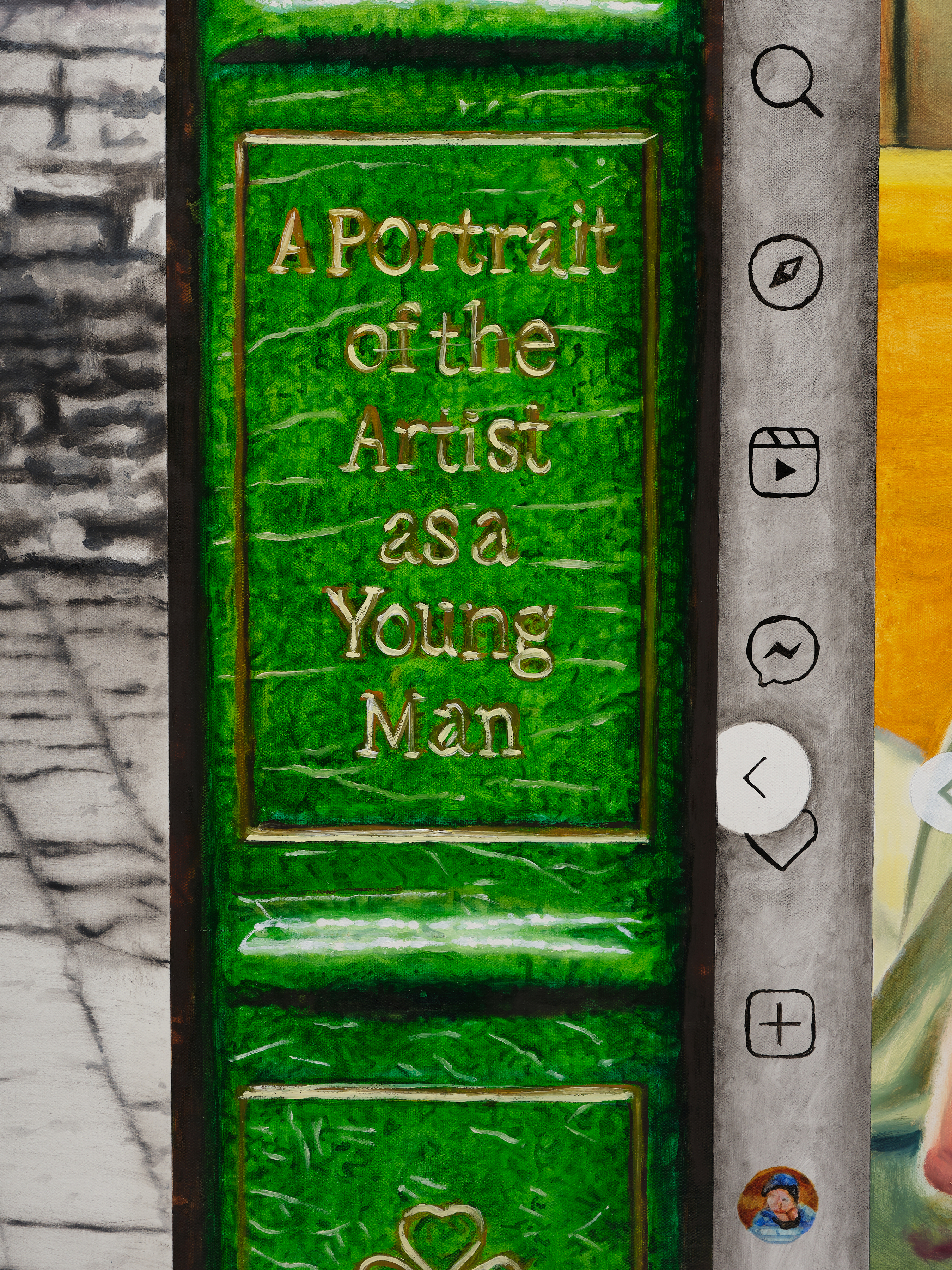 A detail of Christine Tien Wang's "Starving Artist" that features the spine of James Joyce's "A Portrait of the Artist as a Young Man"