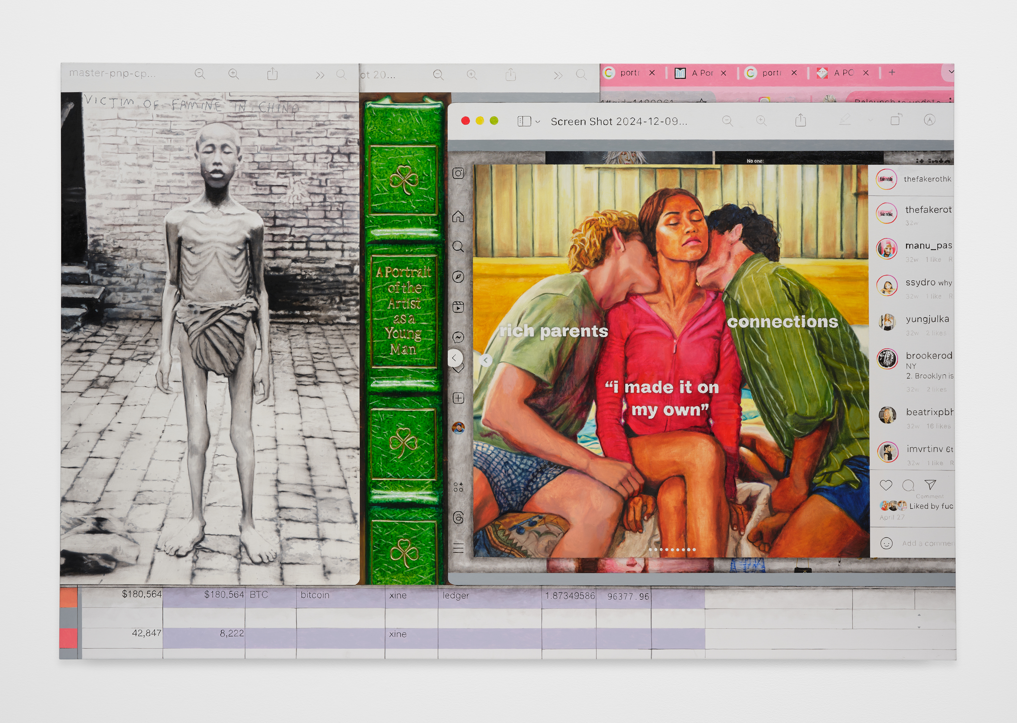 A painting by Christine Tien Wang of a computer screenshot with multiple windows open including a meme of Zendaya in "Challengers", a black and white photo of a boy who has been a victim of famine and a spreadsheet with economic figures in bitcoin.