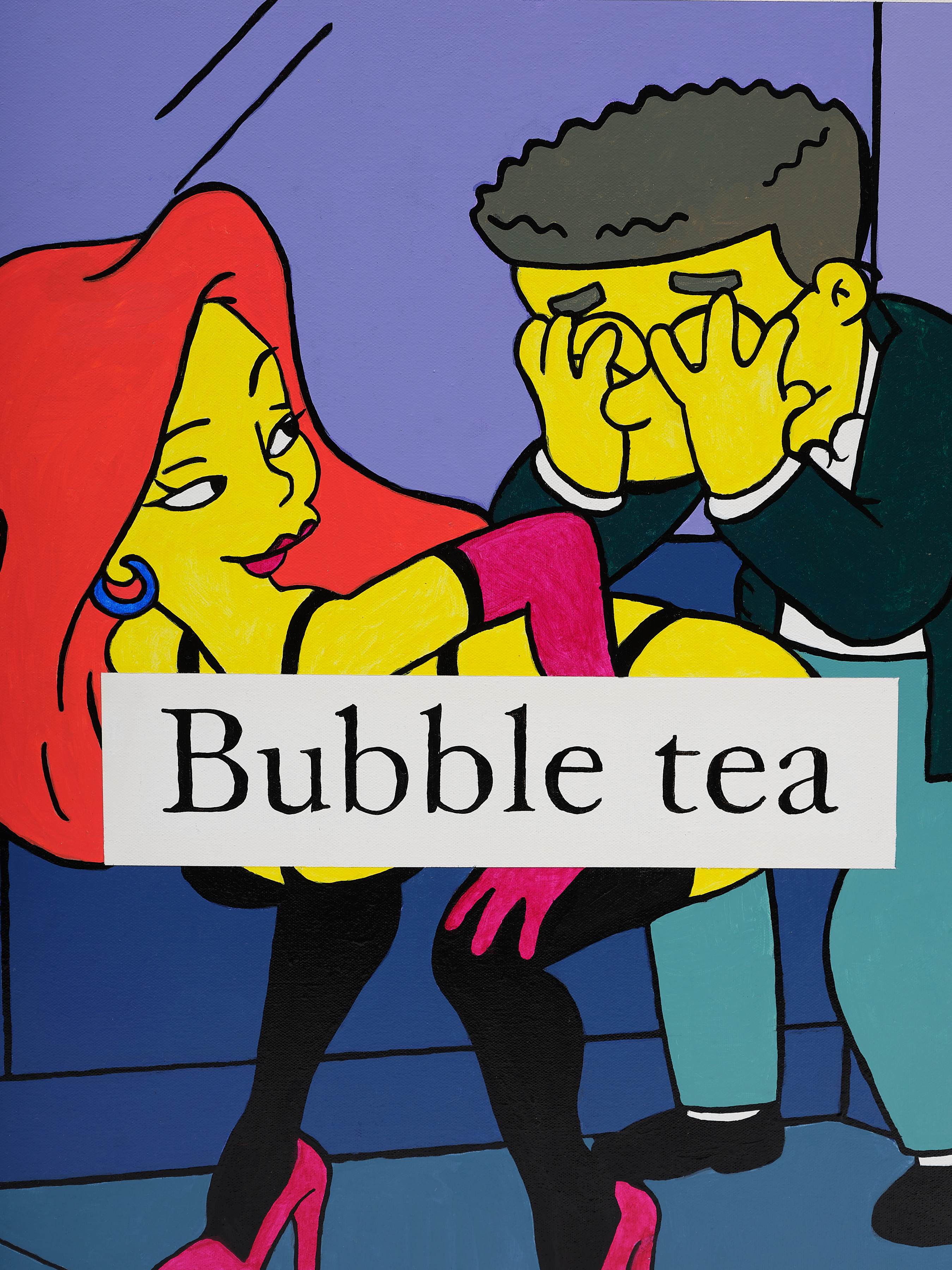 A detail of a Simpson's character hiding his eyes in Christine Tien Wang's "Asian bacon"