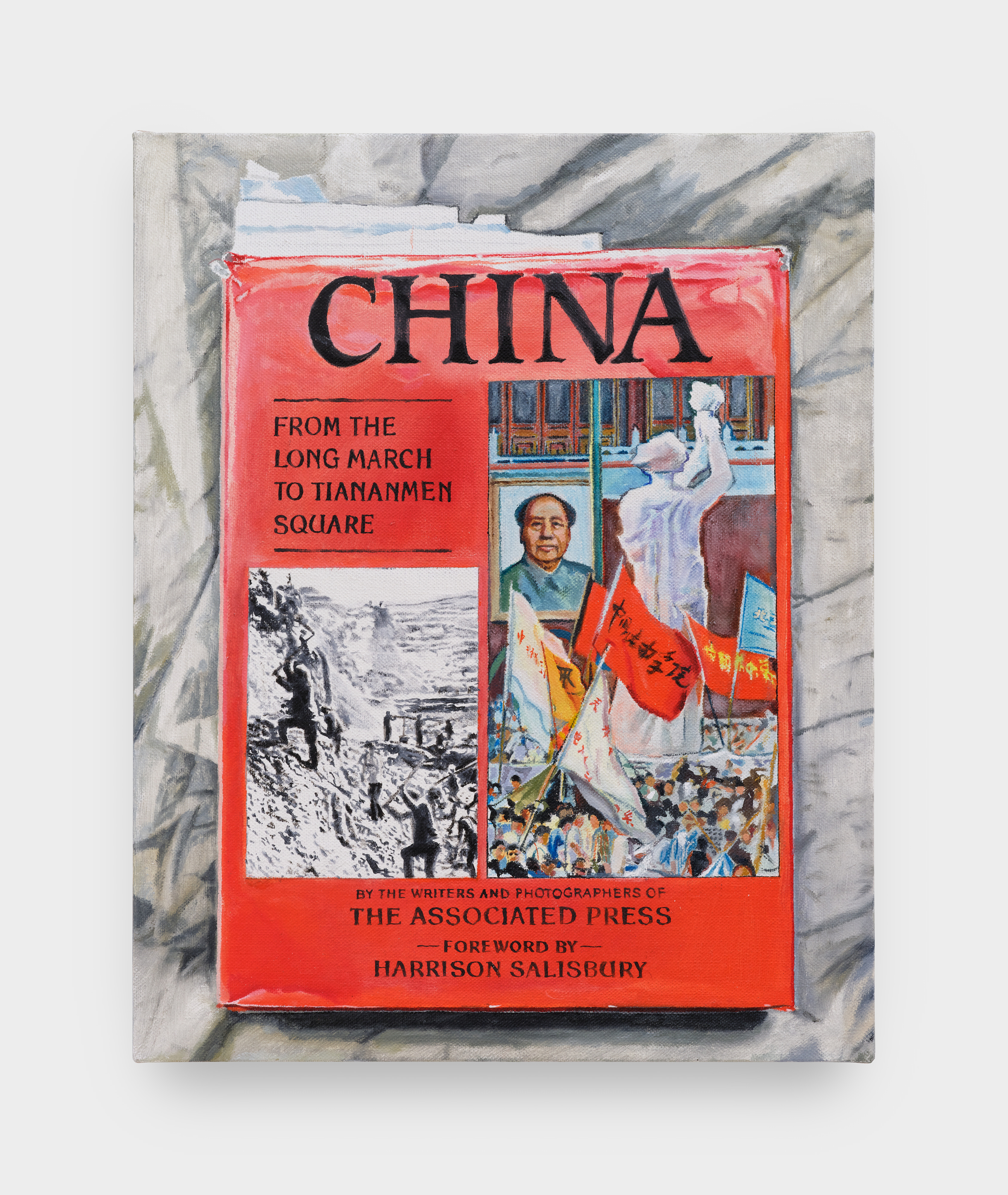 A painting by Christine Tien Wang of a book cover on China with a subtitle reading "FROM THE LONG MARCH TO TIANANMEN SQUARE”