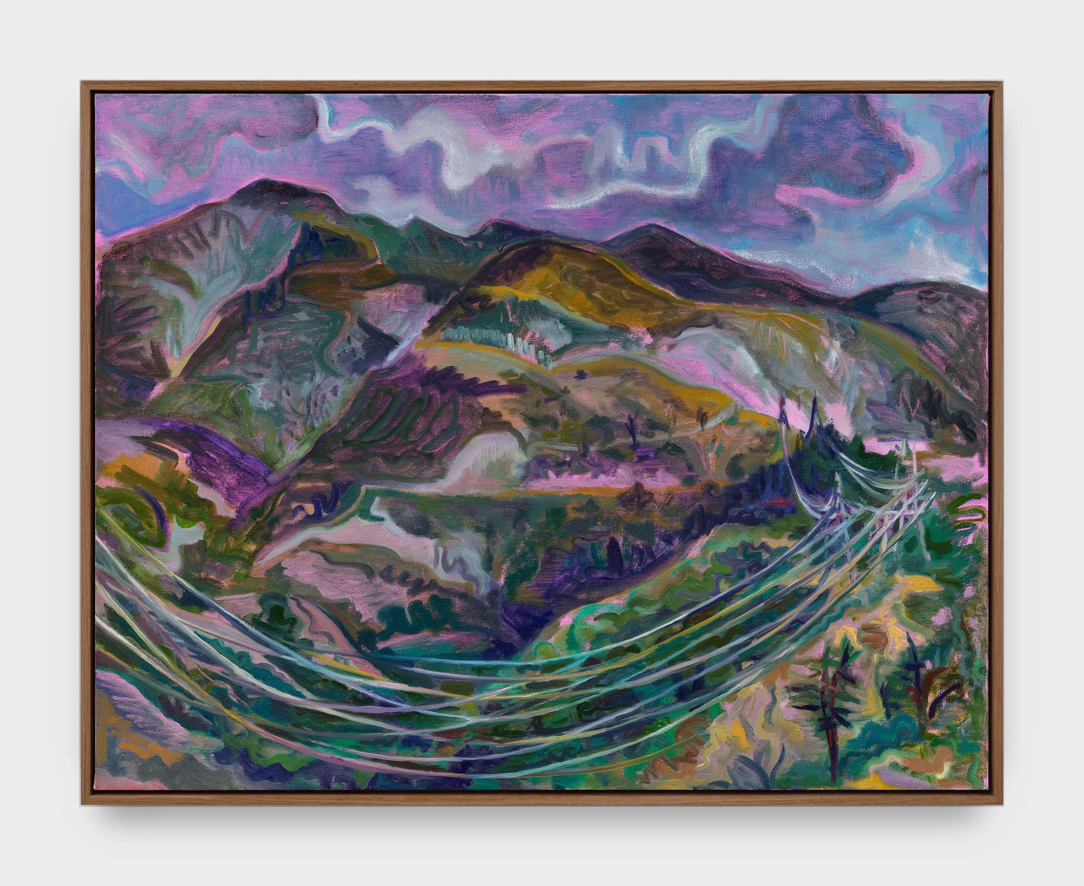 A painting by Mira Dancy of a purple and green mountain range with electrical wires sweeping across the picture plane. 
