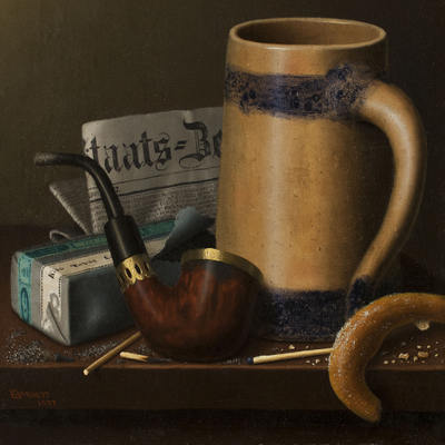 William Michael Harnett (1848–1892). Staats-Zeitung and Pretzel, 1877. Oil on canvas, 12 x 20 in. (detail)