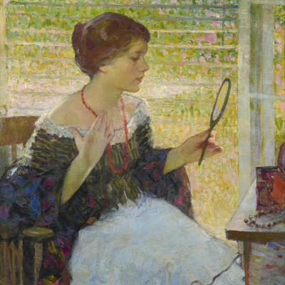 Richard Edward Miller (1875–1943). Young Woman at Her Dressing Table, c. 1912-14. Oil on canvas, 31 5/8 x 25 1/2 in. (detail)
