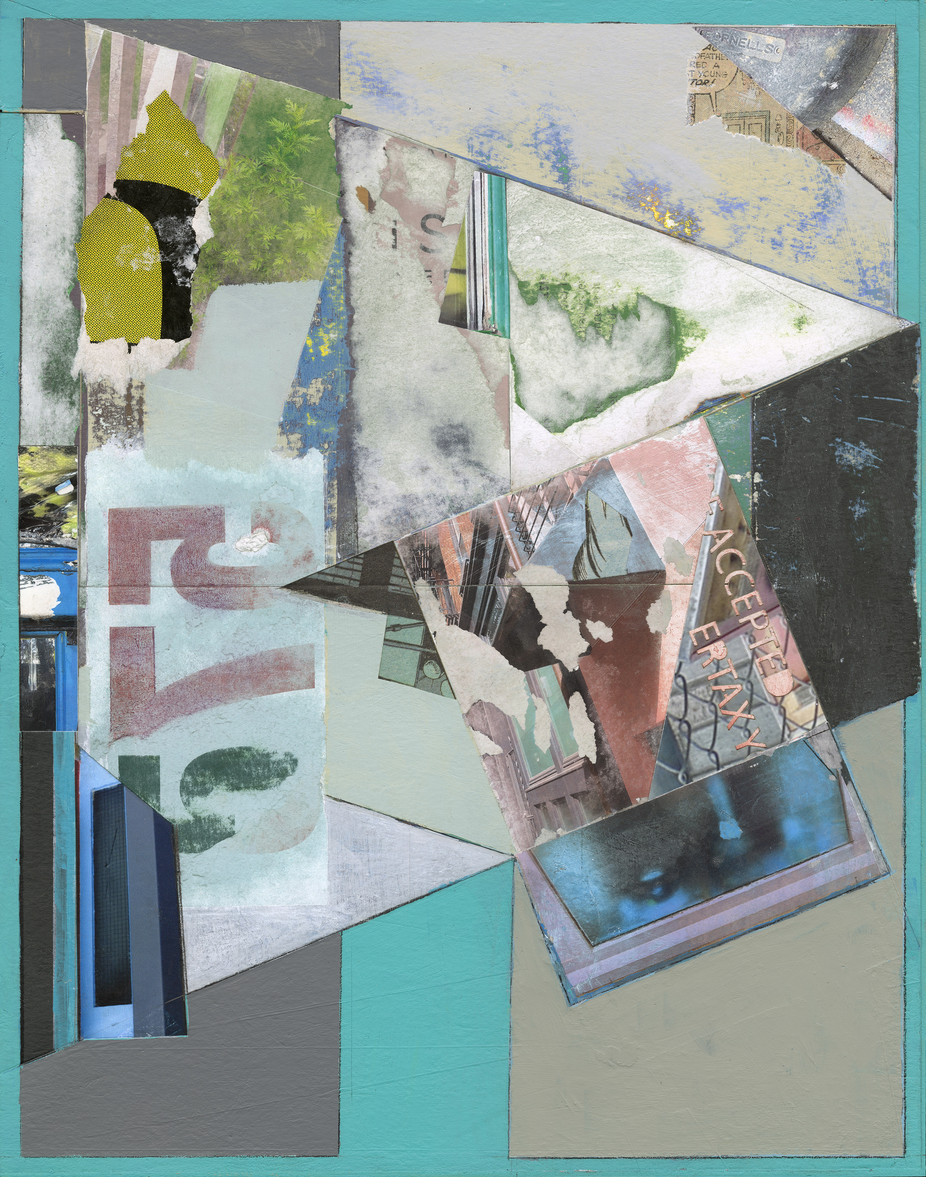 Mary Lum, 575, 2024. Acrylic, photo, color pencil, found papers, collage on paper, 16 3/4 x 13 3/4 inches.