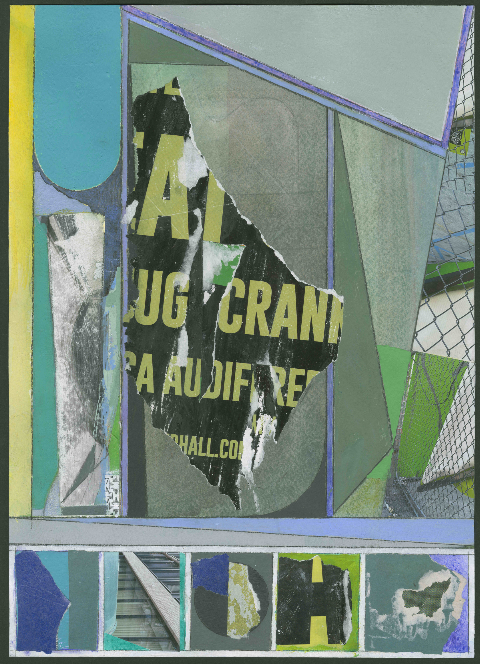 Mary Lum, Fence, 2026. Acrylic, photo, collage on paper, 17 3/4 x 13 1/2 inches.