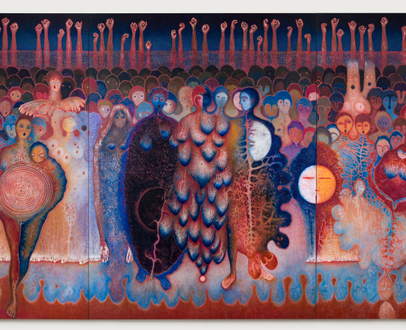 Luisa Rabbia "Ecstasy",2019 Colored pencil, pastel, acrylic and oil on canvas 102 x 47 inches (260 x 119 cm)