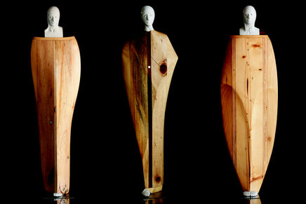 Image of Oriano Galloni's "Anima Silenziosa - Il Piccolini (Silent Souls–The Little Ones) 1, 2 and 3" white Carrara marble, wood and stainless steel sculptures 