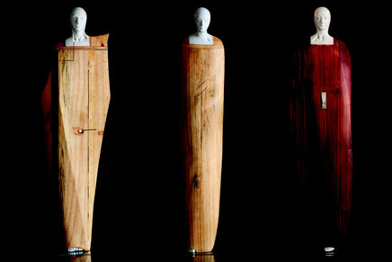 Image of Oriano Galloni's "Anima Silenziosa–Il Piccolini (Silent Souls–The Little Ones) 13, 14 and 15" white Carrara marble, wood and stainless steel sculptures