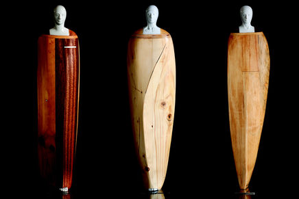 Image of Oriano Galloni's "Anima Silenziosa–Il Piccolini (Silent Souls–The Little Ones" white Carrara marble, wood and stainless steel sculptures