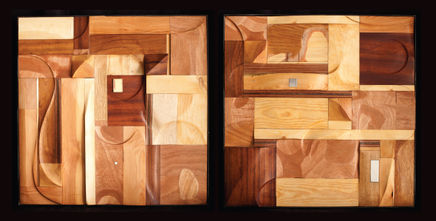 Image of Oriano Galloni's "Le Metamorfosi Della Luna 1 and 2 (The Metamorphosis of the Moon 1 and 2)" wood and brass sculptures