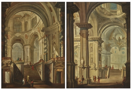 Giambattista Tiepolo and Gerolamo Mengozzi-Colonna, A Pair of Monumental Architectural Capricci with Figures, c.1724-28