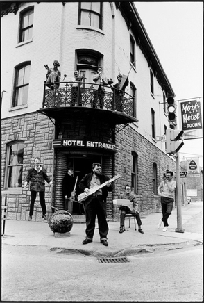 Ian MacEachern, On Balcony: Greg Curnoe, Archie Leitch, and John Clement; On Ground: Bill Exley, Art Pratten, Hugh McIntyre, Murray Favro, and John Boyle; Nihilist Spasm Band, York Hotel, London, ON, 1968