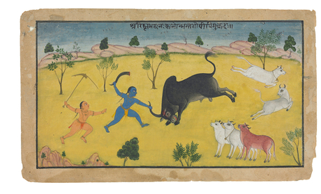 AN ILLUSTRATION TO THE BHAGAVATA PURANA: KRISHNA SLAYING ARISHTA, THE BULL DEMON