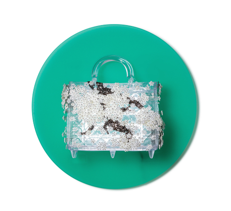 Eternal Muse_21 WG, 2021, Buttons, beads, pins on acrylonitrile-butadiene-styrene on Plexiglass