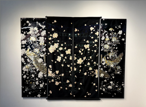 Renascence, 2025, Plastic buttons, beads and pins on acrylic panel, Korean mother of pearl cabinet door and hand-embroidered fabric