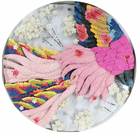 Soaring Agian M3, 2015, Paper buttons, beads, pins, and crystals on Plexiglass