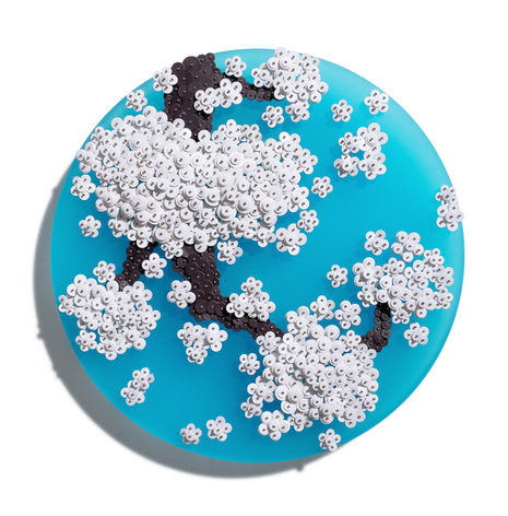 Ode to Full Moon_02341, 2023, Paper buttons, beads, and pins on Plexiglass