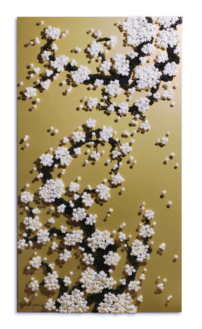 Healing Forest_GWH, 2018, Buttons, beads, pins on wooden panel