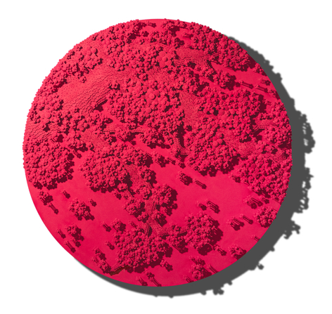 Beyond the Serenity, 2024, Paper buttons, beads, pins, and crystals on Plexiglass, painting