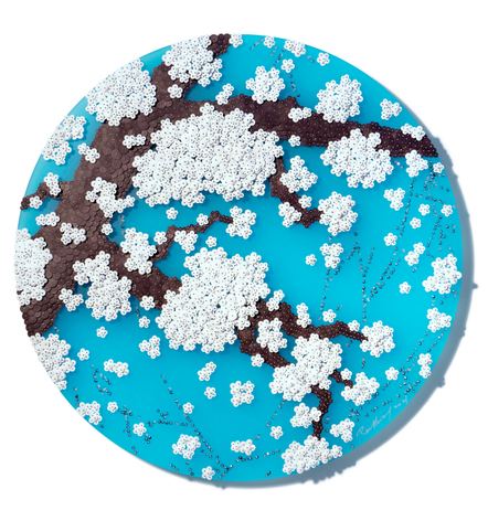 Ode to Second Full Moon_TWK, 2015, Paper buttons, beads, pins, and crystals on Plexiglass