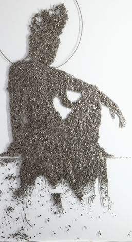 Rest II, 2009, Metal buttons, pins on wooden panel