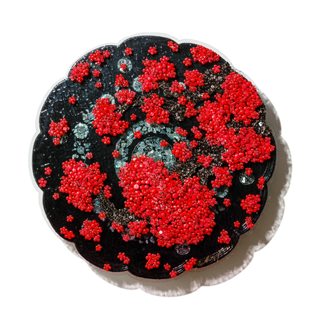 Past Memories_R, 2022, Plastic buttons, beads and pins on acrylic panel, Korean mother of pearl inlaid table