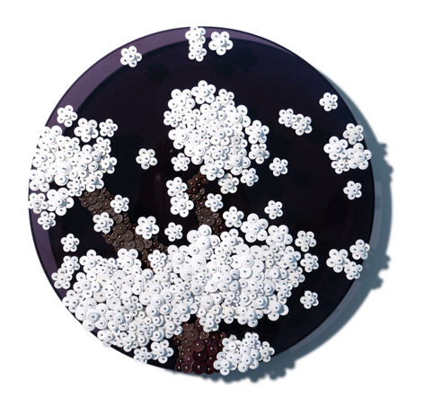 Ode to Full Moon_02412, 2023, Paper buttons, beads, and pins on Plexiglass