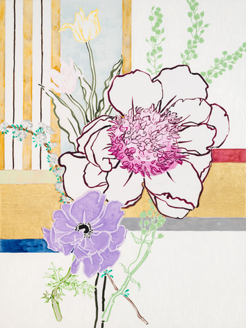 Large Red Peony, 2025 Acrylic, oil, cont&eacute; crayon, and gold leaf on linen 72 x 54 inches