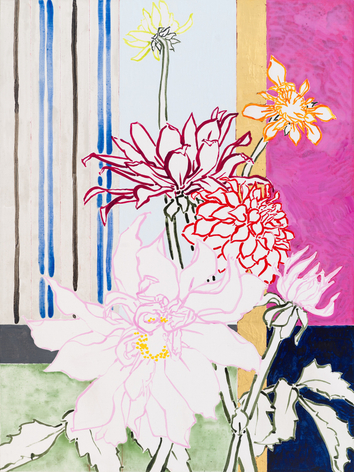 Dahlia Garden - Quiet Day, 2024  Acrylic, oil, gold leaf on canvas 48 x 36 inches