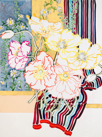 Iceland Poppies, 2024 Oil, acrylic, and gold leaf on linen 72 x 54 inches