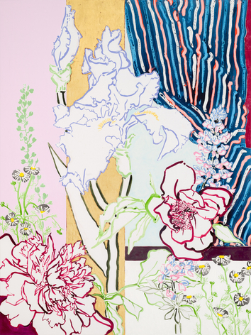 Blue Curtain, 2025 Signed, titled, and dated on verso Acrylic, oil, cont&eacute; crayon, and gold leaf on linen 72 x 54 inches