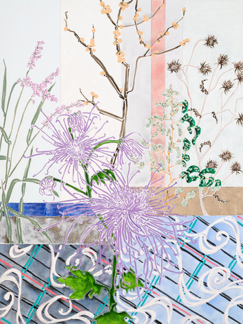 Robert Kushner Chrysanthemum Fireworks, 2024Oil, acrylic, gold leaf, and cont&eacute; crayon on canvas 72 x 54 inches