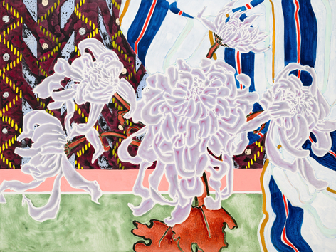 Five Mauve Mums, 2024 Signed titled, and dated on verso Oil, acrylic, and cont&eacute; crayon on canvas 54 x 72 inches