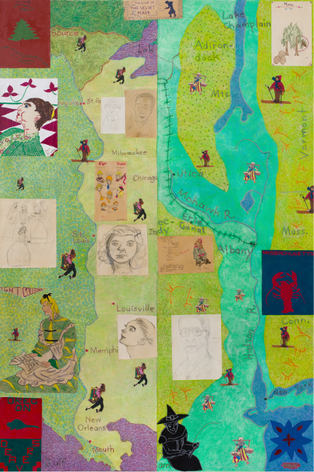 2 Rivers, 2017, Acrylic, collage, and oil pastel on canvas