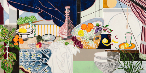 La Desserte II after RK after Matisse after de Heem, 2024  Acrylic, oil, cont&eacute; crayon on linen 72 x 144 inches