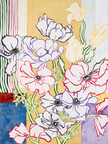 Anemone Fireworks, 2025 Acrylic, oil, cont&eacute; crayon, and gold leaf on linen 72 x 54 inches