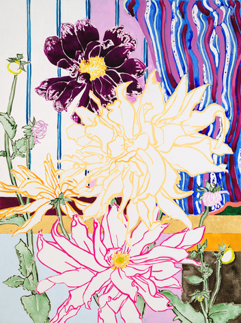 Dinner Plate Dahlia - Yellow, 2025 Signed, titled, and dated on verso Acrylic, oil, gold leaf on canvas 72 x 54 inches