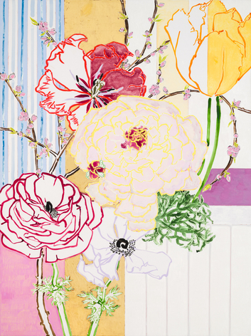 Spring Garden - Large Pink Ranunculus, 2025 Acrylic, oil, cont&eacute; crayon, and gold leaf on linen 72 x 54 inches