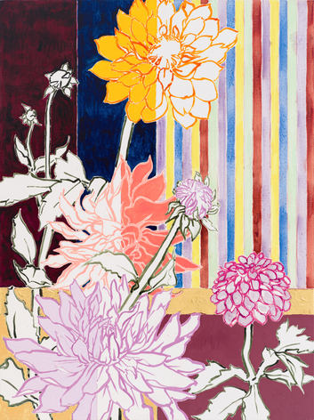 Dahlia Garden Twilight, 2024 Signed, titled, and dated on verso Acrylic, oil, gold leaf on canvas 48 x 36 inches