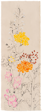 Ode to Jakuchu IV, 2025 Oil and acrylic on Japanese paper 36 3/4 x 13 inches