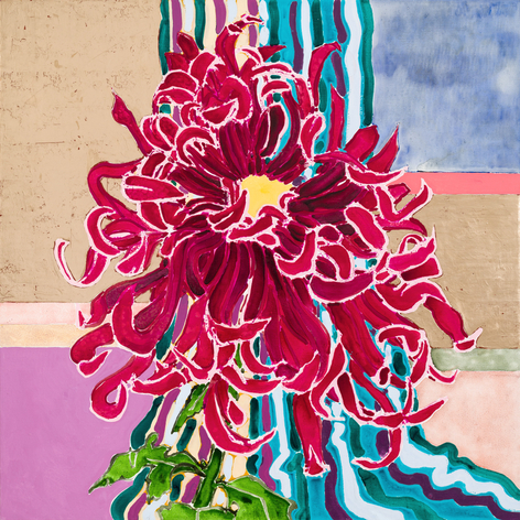 Robert Kushner Red Chrysanthemum, 2024 Oil, acrylic, gold leaf, and cont&eacute; crayon on canvas 48 x 48 inches