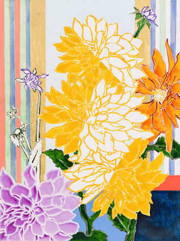 Dahlia Garden - Quiet Afternoon, 2024 Acrylic, oil, gold leaf on canvas 48 x 36 inches