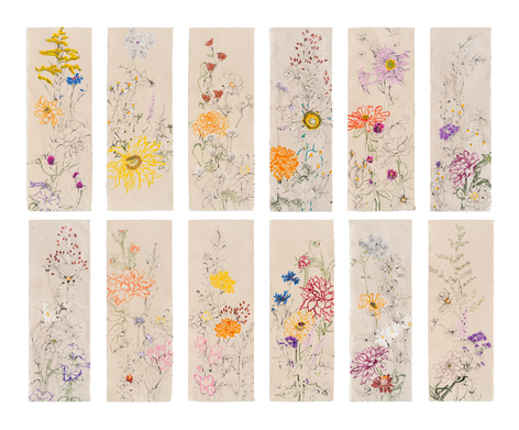 Robert Kushner Ode to Jakuchu I - XII, 2025 Oil and acrylic on Japanese paper, each 37 x 13 inches