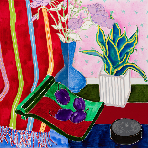 Oribe Plums II, 2021 Oil, acrylic, and conte crayon on canvas 48 x 48 inches