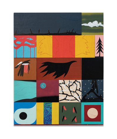 Getting Our Share, 2025, mixed media on plywood tiles mounted on panel, 31 x 24.25 inches/78.7 x 61.6 cm