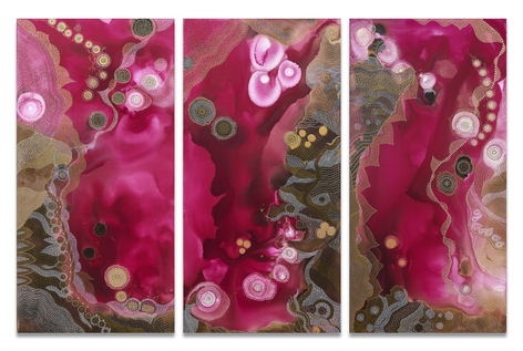 Delight I, II, III, 2025, ink and watercolor on canvas, 72 x 108 inches/183 x 274.3 cm