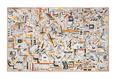 So Who’s In Charge Here?, 2025–2026, acrylic ink, graphite, India ink on Sheetrock panels in artist’s frame, 61 x 97 inches/154.9 x 246.4 cm