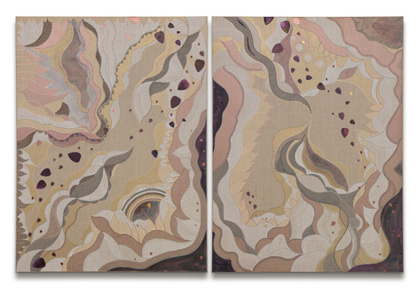 Inseparable, 2025, ink and watercolor on linen, 48 x 72 inches/122 x 182.9 cm