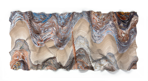 Undercurrent Series No. 8, 2026, hand-cut silk fabric, acrylic paint, canvas, mounted on wall, 83 x 190 inches/210.8 x 482.6 cm